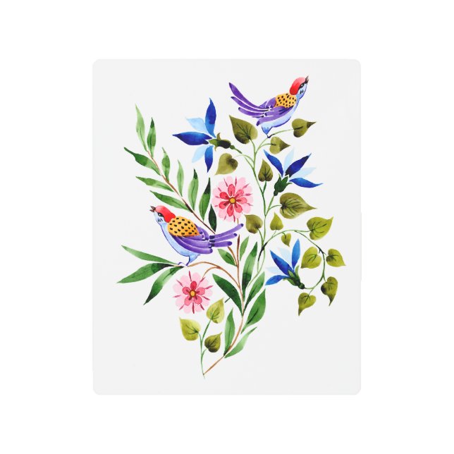 鳥と花の水彩アート絵画ズ メタルプリント (正面)