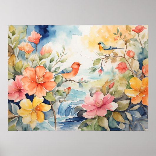 鳥と花の水彩画 ポスター (正面)