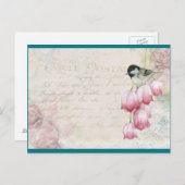 鳥と花の筆跡みすぼらしいヴィンテージ ポストカード (正面/裏面)