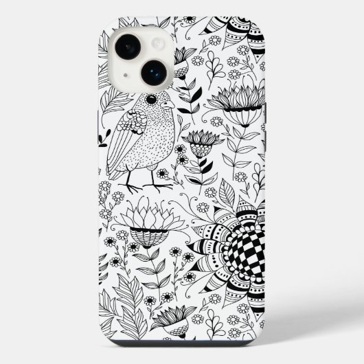 鳥と花の落書き模様 iPhoneケース (裏面)