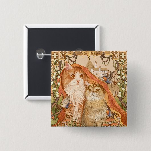 鳥と花を描いた中世のおとぎ話の猫|過去記事 缶バッジ (正面&裏面)