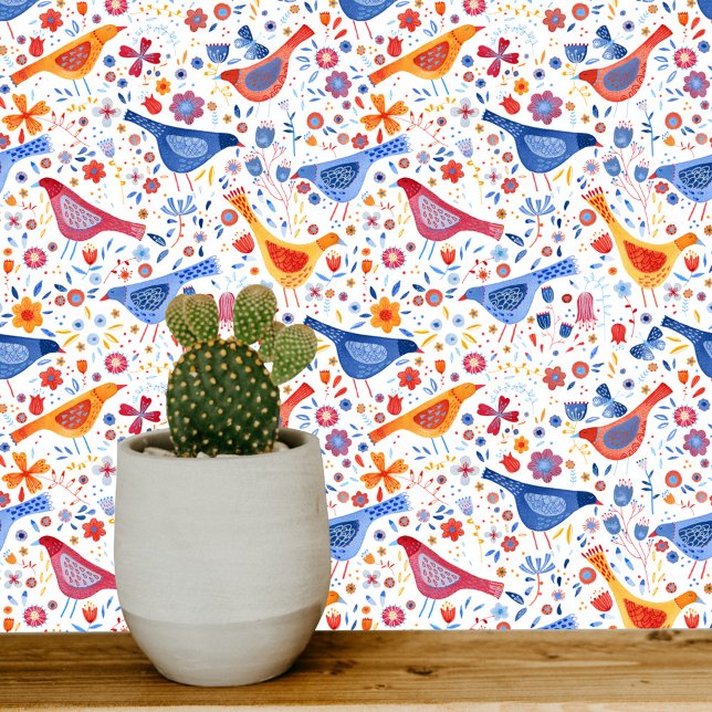 鳥と花カラフル水彩画 壁紙 (Birds and flowers bright colorful watercolor white wallpaper)
