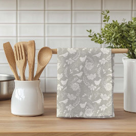 鳥と花タン&クリーム キッチンタオル