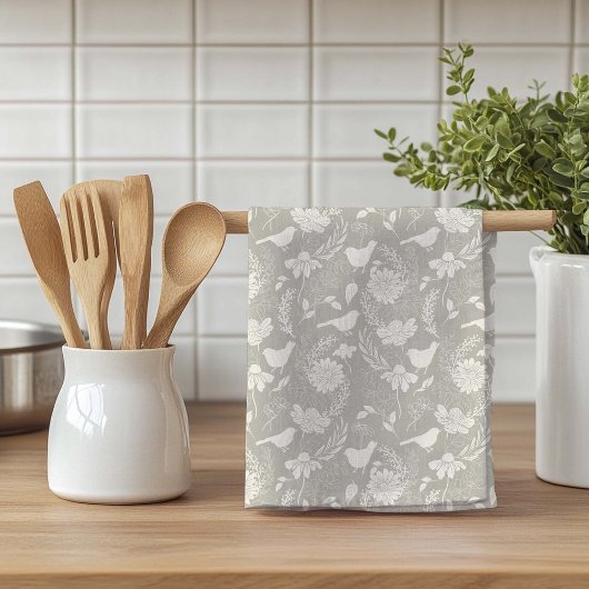 鳥と花タン&クリーム キッチンタオル