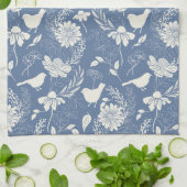 鳥と花ブルー&クリーム キッチンタオル (折り畳み)