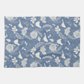鳥と花ブルー&クリーム キッチンタオル (横)