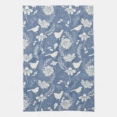 鳥と花ブルー&クリーム キッチンタオル (縦)
