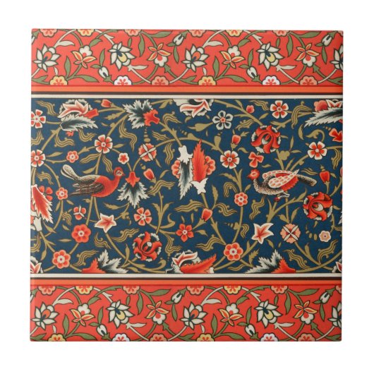 鳥と花ペルシャの青い赤のパターン タイル (正面)