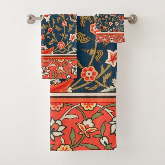 鳥と花ペルシャの青い赤のパターン バスタオルセット (インサイチュ)