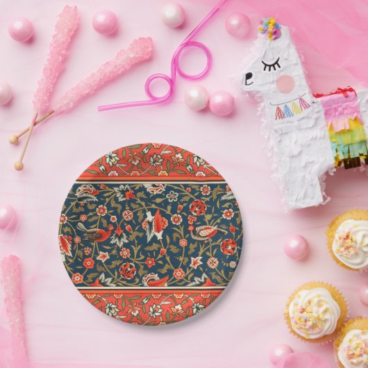 鳥と花ペルシャの青い赤のパターン ペーパープレート (パーティー)