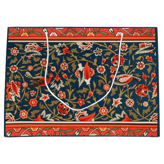 鳥と花ペルシャの青い赤のパターン ラージペーパーバッグ (正面)