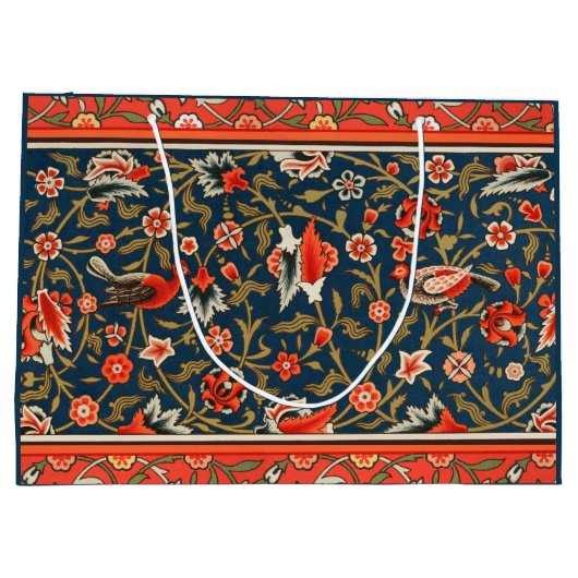 鳥と花ペルシャの青い赤のパターン ラージペーパーバッグ (裏面)
