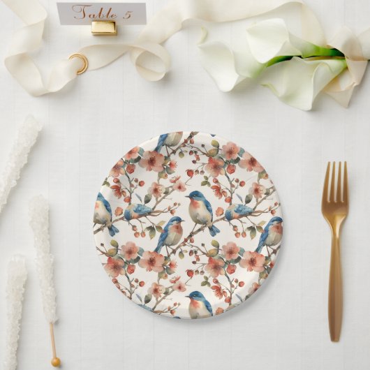 鳥と花ヴィンテージ水色 ペーパープレート (ウェディング)