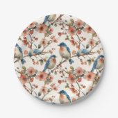 鳥と花ヴィンテージ水色 ペーパープレート (正面)
