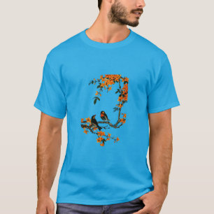 鳥と花絵画のティール(緑がかった色)Tシャカジュアルツ Tシャツ