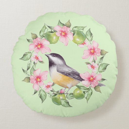 鳥と花2 ラウンドクッション (正面)