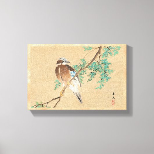 鳥と花、カケスとコニファー キャンバスプリント (正面)
