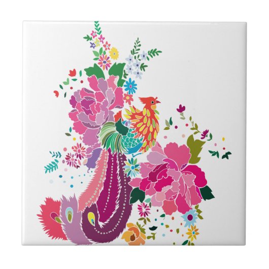 鳥と花 タイル (正面)