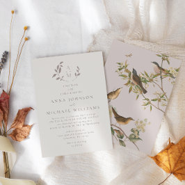 鳥と葉のロマンチックなベージュ |ピンク結婚ズ 招待状