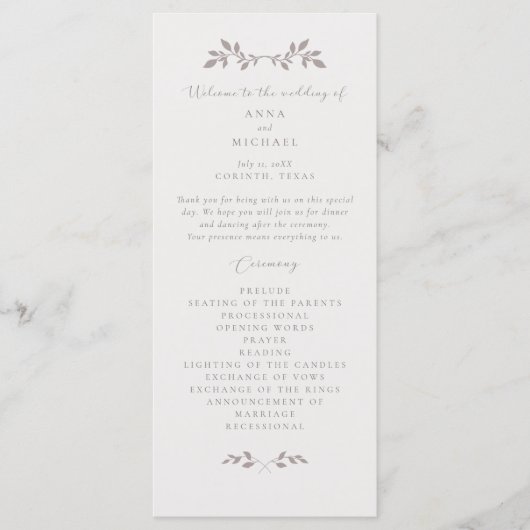 鳥と葉、ロマンチックなフラットウェディングプログラム プログラム (正面)