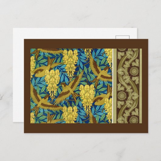 鳥と藤ベルヌイユ青茶色の黄色 ポストカード (正面/裏面)