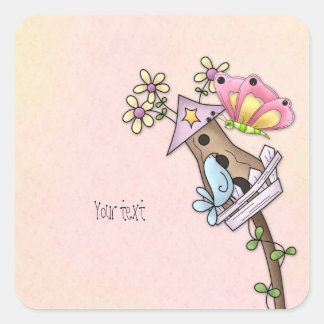 鳥と蝶が鳥小屋で会う スクエアシール