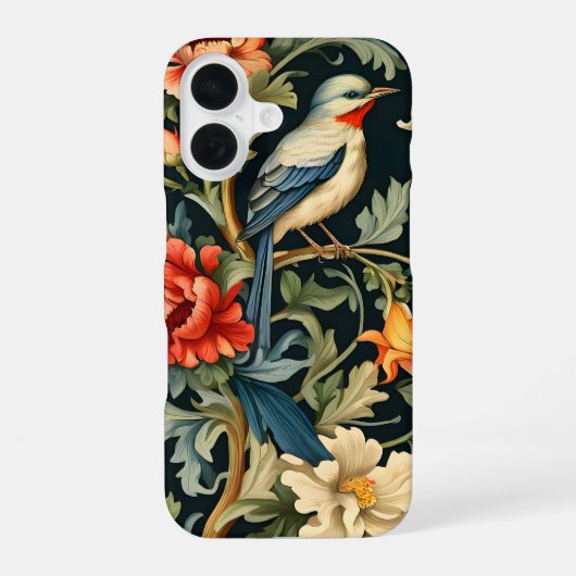鳥と複雑な花柄 iPhone 16ケース (裏面)