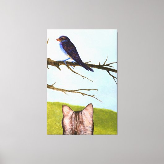 鳥と話すタビー猫 キャンバスプリント (正面)