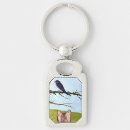 鳥と話すタビー猫 キーホルダー