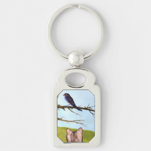 鳥と話すタビー猫 キーホルダー (正面)