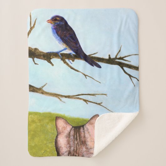 鳥と話すタビー猫 シェルパブランケット (正面)