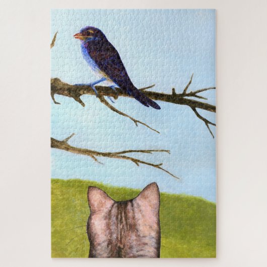 鳥と話すタビー猫 ジグソーパズル (縦)
