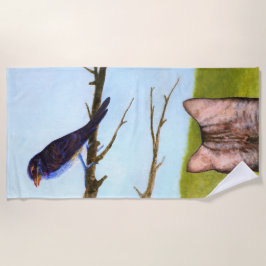 鳥と話すタビー猫 ビーチタオル