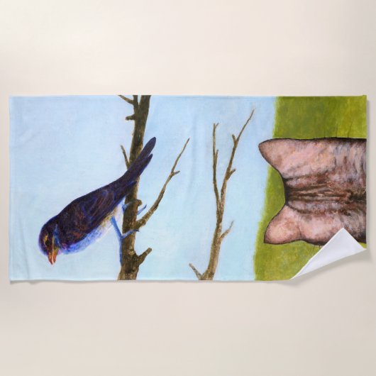 鳥と話すタビー猫 ビーチタオル (正面)