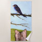 鳥と話すタビー猫 ビーチタオル (正面)