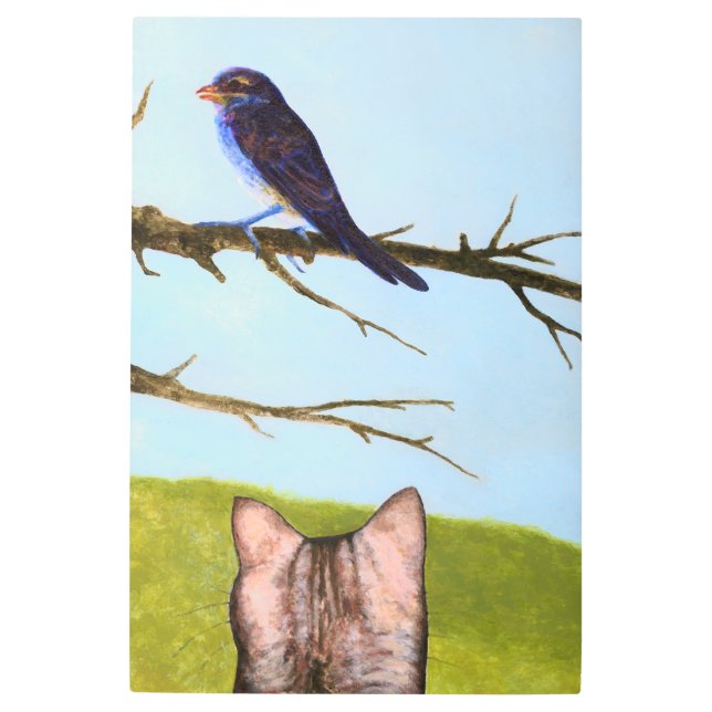 鳥と話すタビー猫 メタルプリント (正面)