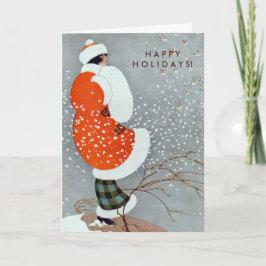 鳥と赤いコートを着たヴィンテージクリスマスウーマン シーズンカード