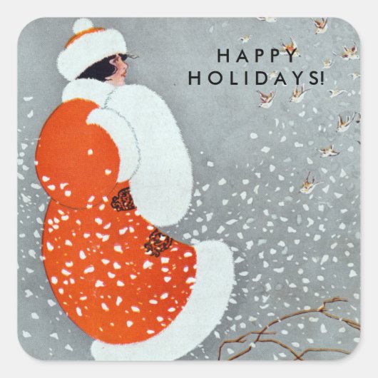 鳥と赤いコートを着たヴィンテージクリスマスウーマン スクエアシール (正面)