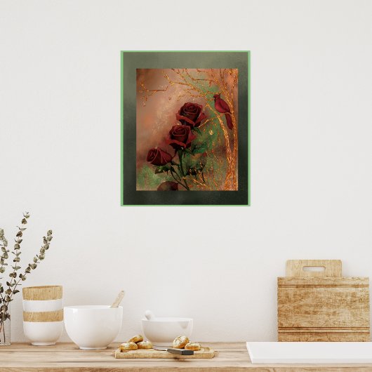 鳥と赤いバラ ポスター (キッチン)