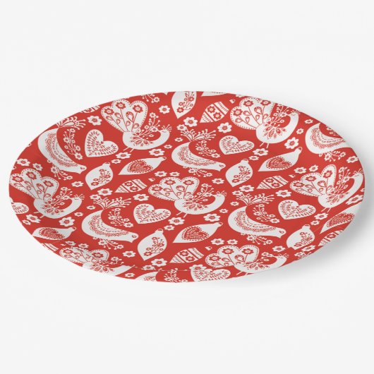 鳥と赤スカンジナビアのクリスマスパターン ペーパープレート (アングル)