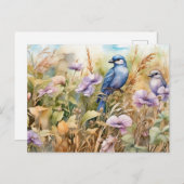 鳥と野の花の自然なイラスト ポストカード (正面/裏面)