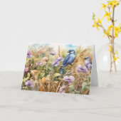 鳥と野の花の自然挿絵 カード (黄色い花)