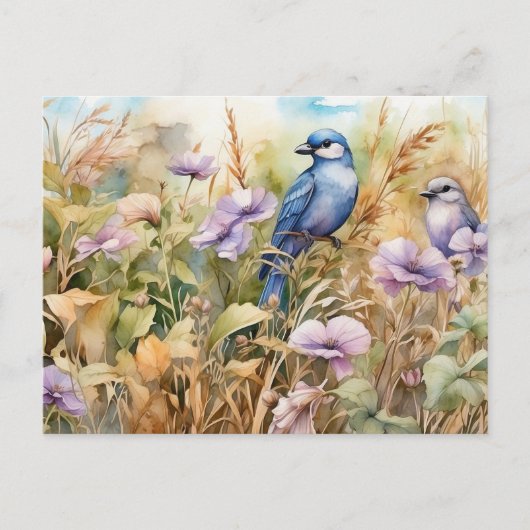 鳥と野の花の自然挿絵 ポストカード (正面)