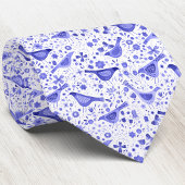 鳥と野の花フローラ水色ブルーホワイト ネクタイ