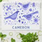 鳥と野花のフローラ水色パーソナライズされた キッチンタオル (折り畳み)