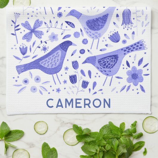 鳥と野花のフローラ水色パーソナライズされた キッチンタオル (折り畳み)