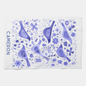 鳥と野花のフローラ水色パーソナライズされた キッチンタオル (横)