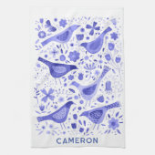 鳥と野花のフローラ水色パーソナライズされた キッチンタオル (縦)