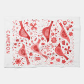 鳥と野花のフローラ水色パーソナライズされた キッチンタオル (横)