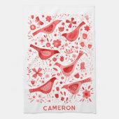 鳥と野花のフローラ水色パーソナライズされた キッチンタオル (縦)